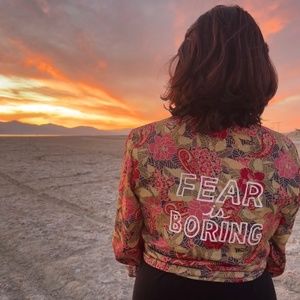 Cool vintage floral shirt screened FEAR IS BORING One of a kind! M/L PHOTOSHOOT